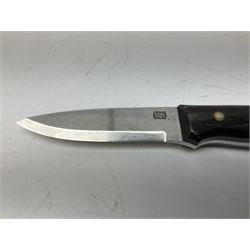 Three hunting knives, each blade marked A. Wright & Sons Sheffield, one with leather handle, one with horn handle and one with antler handle; each with leather sheath (3)