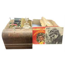 Clear glass demijohn / carboy, four wine bottles with wicker baskets, W T Avery & Co scales, Singer sewing machine, quantity of costume jewellery, trophy stand with silver-plate shields, quantity of vinyl records, stamps etc