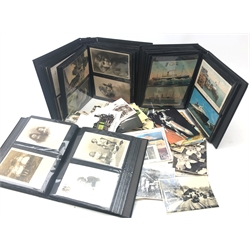  Large quantity of Edwardian and later postcards, loose and in a modern slipcase of three albums, including British and Foreign topographical, Bamforth song cards, greeting, comic, glamour, applique, family photographs and groups, WW1 silks, animals and birds etc  