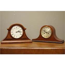  20th century mahogany arched top mantel clock, silvered dial and twin train German movement striking the half hours on three rods, (H24cm) and a 'Seiko' quartz mantel clock with Westminster and Whittington chime  
