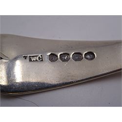 George III Old English pattern sauce ladle, with engraved crest and foliate decoration front and verso, hallmarked George Smith (IV), London 1799, together with an Old English pattern toddy ladle, with reed border and engraved griffin crest, hallmarked London 1824, maker's mark WC, probably William Chawner II, and two silver Fiddle pattern sauce ladles, the first example hallmarked London 1835, maker's mark worn and indistinct, and the second example hallmarked Charles Shipway, London 1837