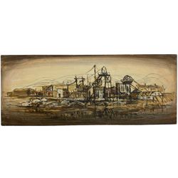 Fred M Atkinson (British 1941-2014): 'Based on Marley Hill Colliery - Between Burnopfield and Whickham', oil on panel signed and dated '77, titled verso 41cm x 101cm (unframed)