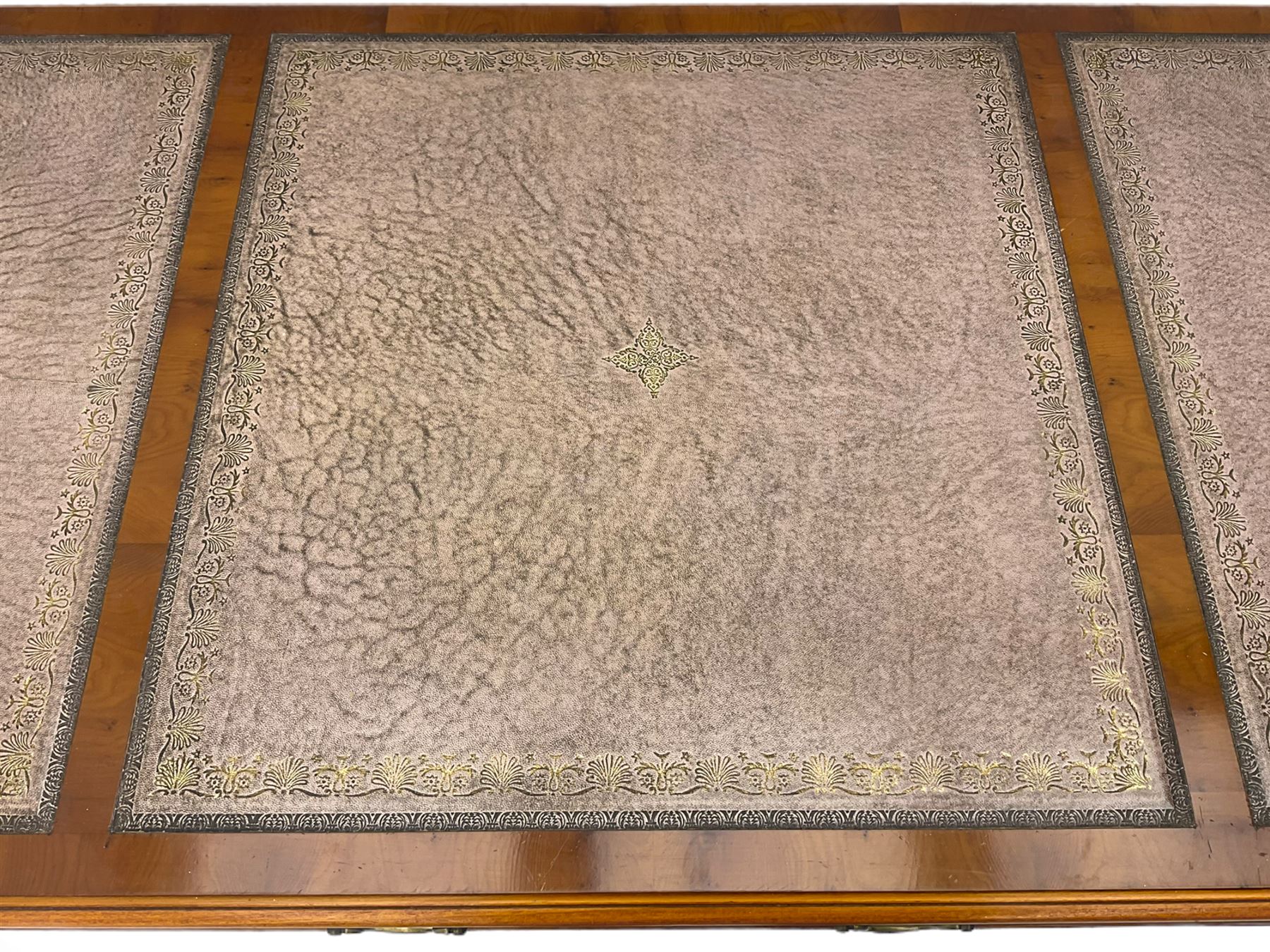 Bevan Funnell reprodux Georgian style yew wood library table, with leather top 