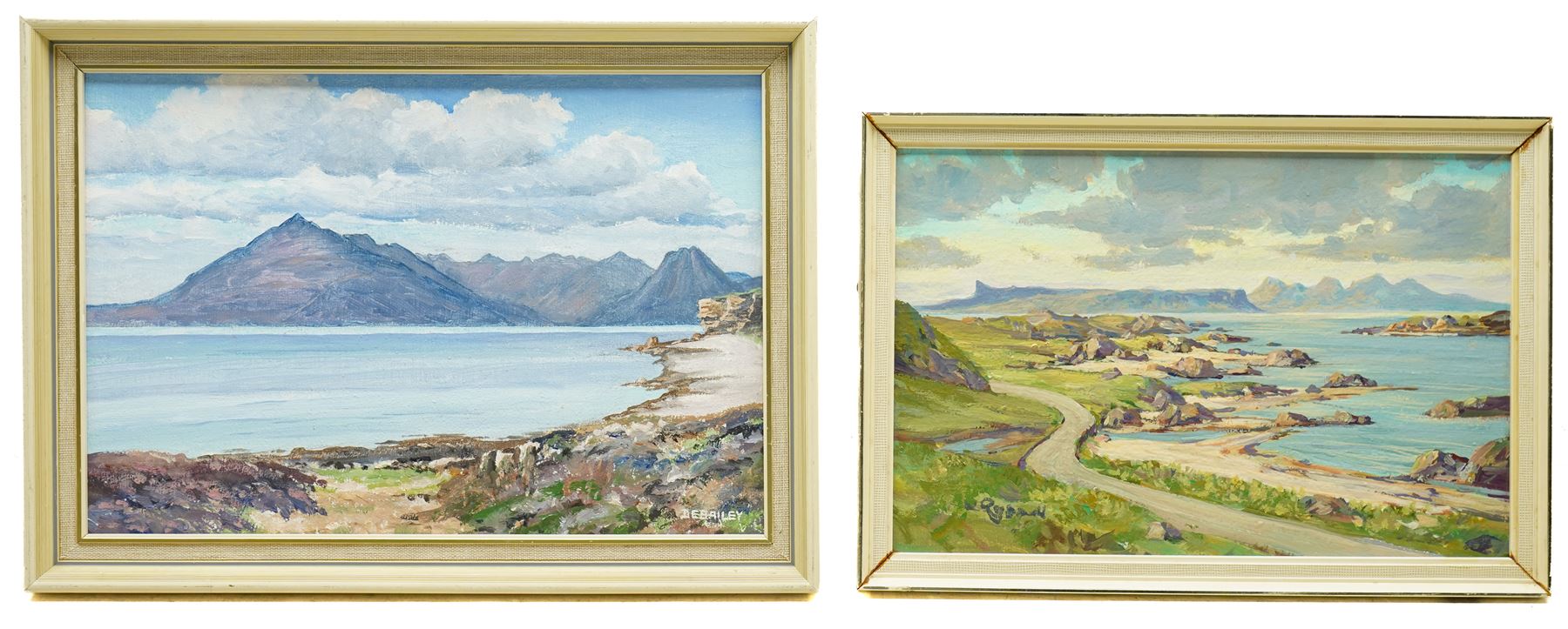 DE Bailey (Scottish 20th century): 'The Cuillins from Elgol Skye', oil on board signed 19cm x 27cm; William Russell (Scottish 20th century): 'Rhum Eigg', oil on board signed 16cm x 25cm (2)