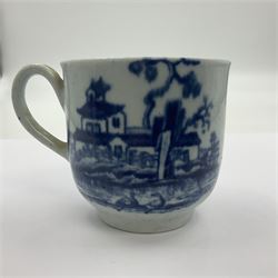 Two 18th century Worcester porcelain coffee cups, the first example decorated in the Plantation pattern, circa 1754, the second decorated in the Mansfield pattern, circa 1760, with workman's mark beneath, each approximately H5.5cm