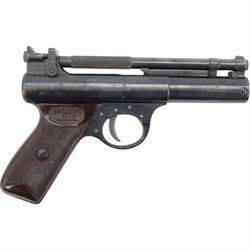 
Webley Premier .22 air pistol, batch 181, Series D with 5 pin trigger block, the air chamber marked The Webley Premier, Made in England, Webley & Scott Ltd. Birmingham, with brown checkered grip, H14cm, L19cm