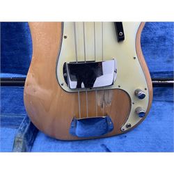 1962 Fender Precision bass guitar; re-finished in natural alder in the 1970s; impressed date code 5NOV62C to end of neck and serial no.90537 to back plate; L115.5cm; in replacement hard carrying case