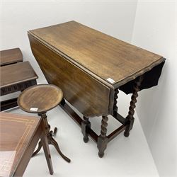 Oak barley-twist gate-leg tea table, two drop-leaf occasional tables, reproduction joint stool, nest of glass topped occasional tables, glass topped inlaid table and wine table