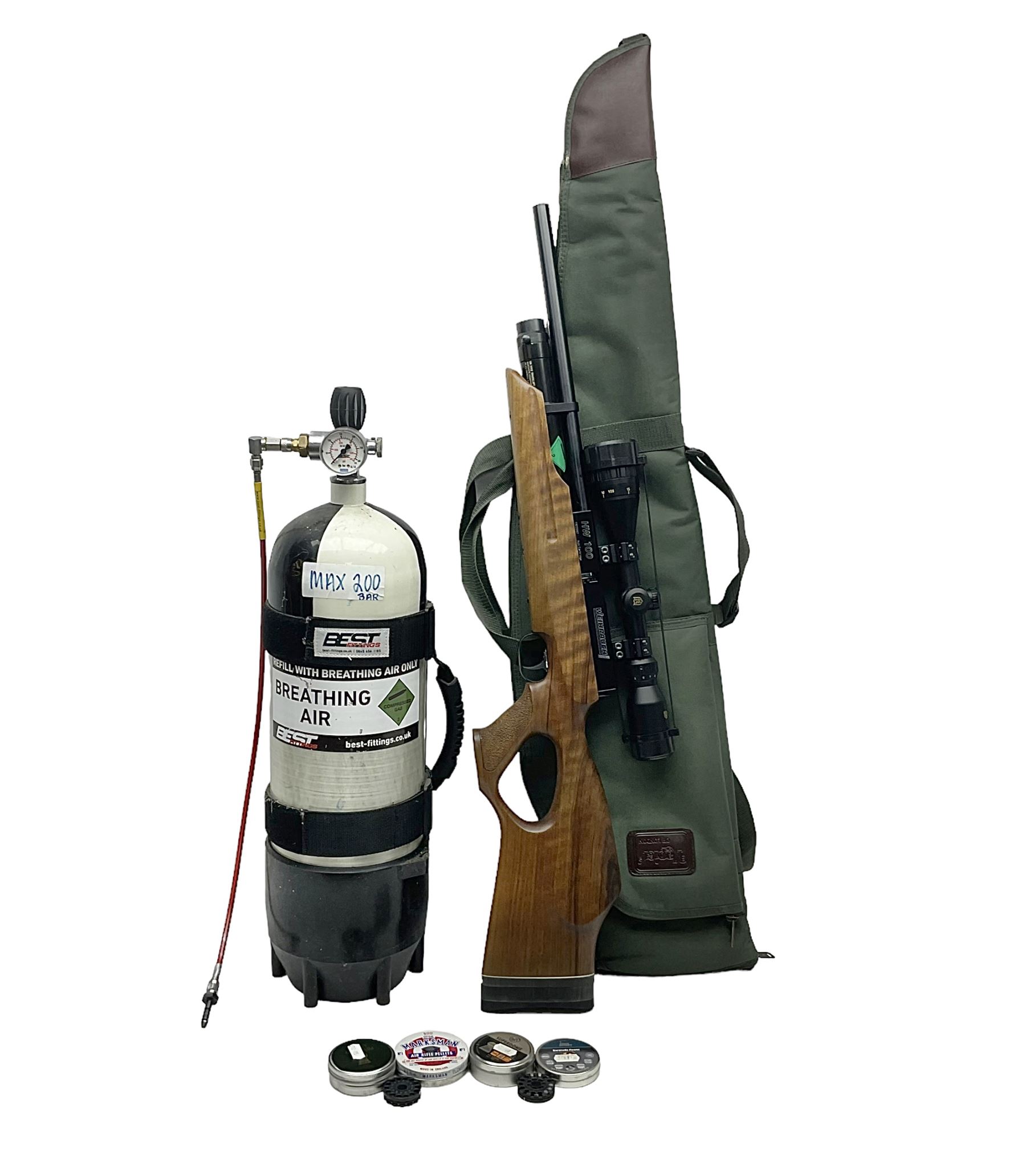 Weihrauch Sport HW100 .177 calibre PCP repeating air rifle; walnut thumbhole stock with textured pistol-grip; fourteen-shot magazine; Nikko Stirling Gameking 3.5 -10x44 illuminated telescopic sight; No.1922087 L90cm overall; in Napier fleece lined gun sling; with re-filling air tank and quantity of pellets NB: AGE RESTRICTIONS APPLY TO THE PURCHASE OF AIR WEAPONS.