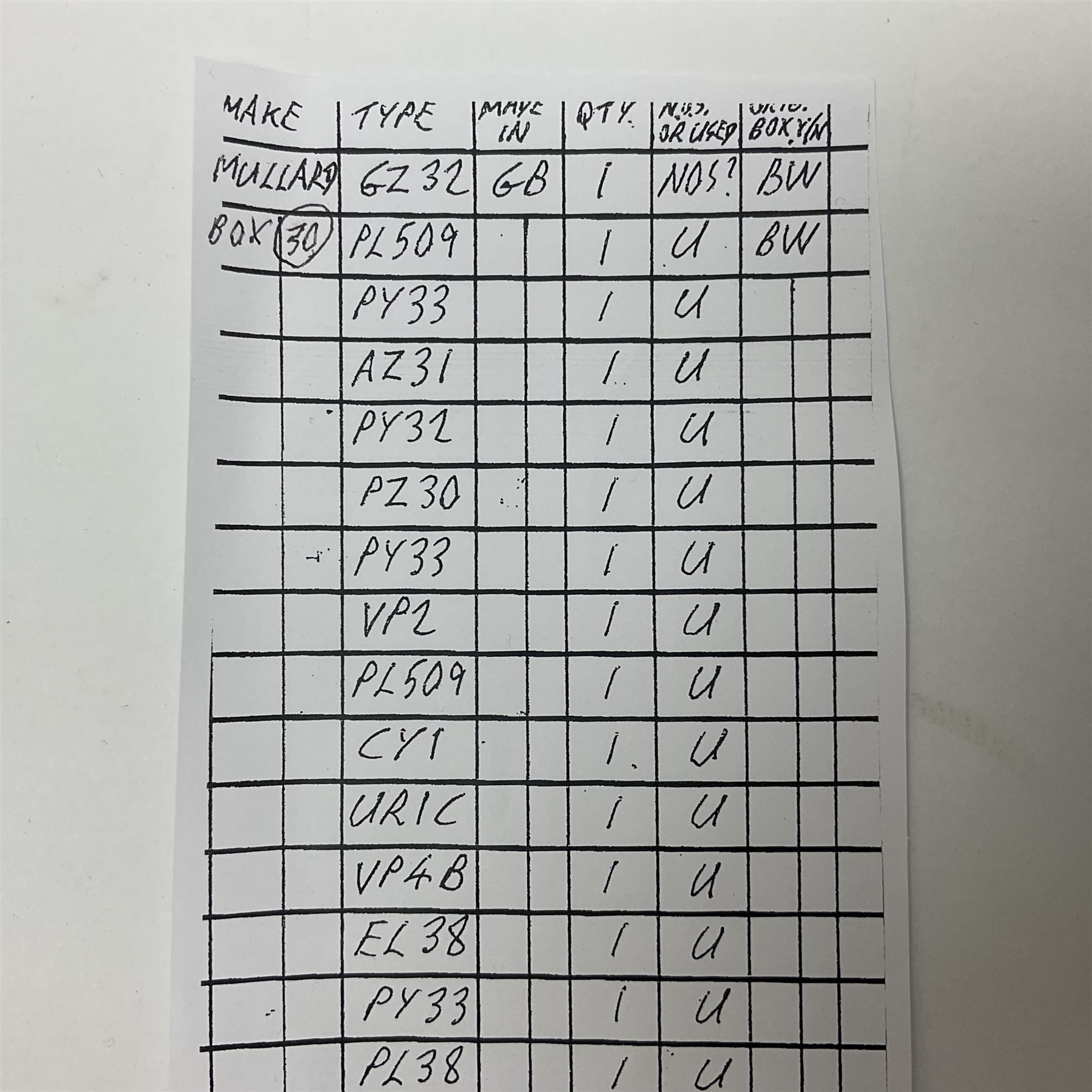 Collection of Mullard thermionic radio valves/vacuum tubes, including VP2, AZ31, PZ30, CY1, EL38 etc approximately 30 as per list, unboxed