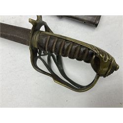 19th century Imperial German army heavy cavalry officers sword by Schnitzler and Kirschbaum, with 89cm single fullered steel blade and sheet steel basket hilt with teardrop cut-out and wire-bound leather grip L107.5cm overall; in steel scabbard with two suspension rings; and British Army 1822 Pattern Infantry Officer's sword in associated scabbard (2)