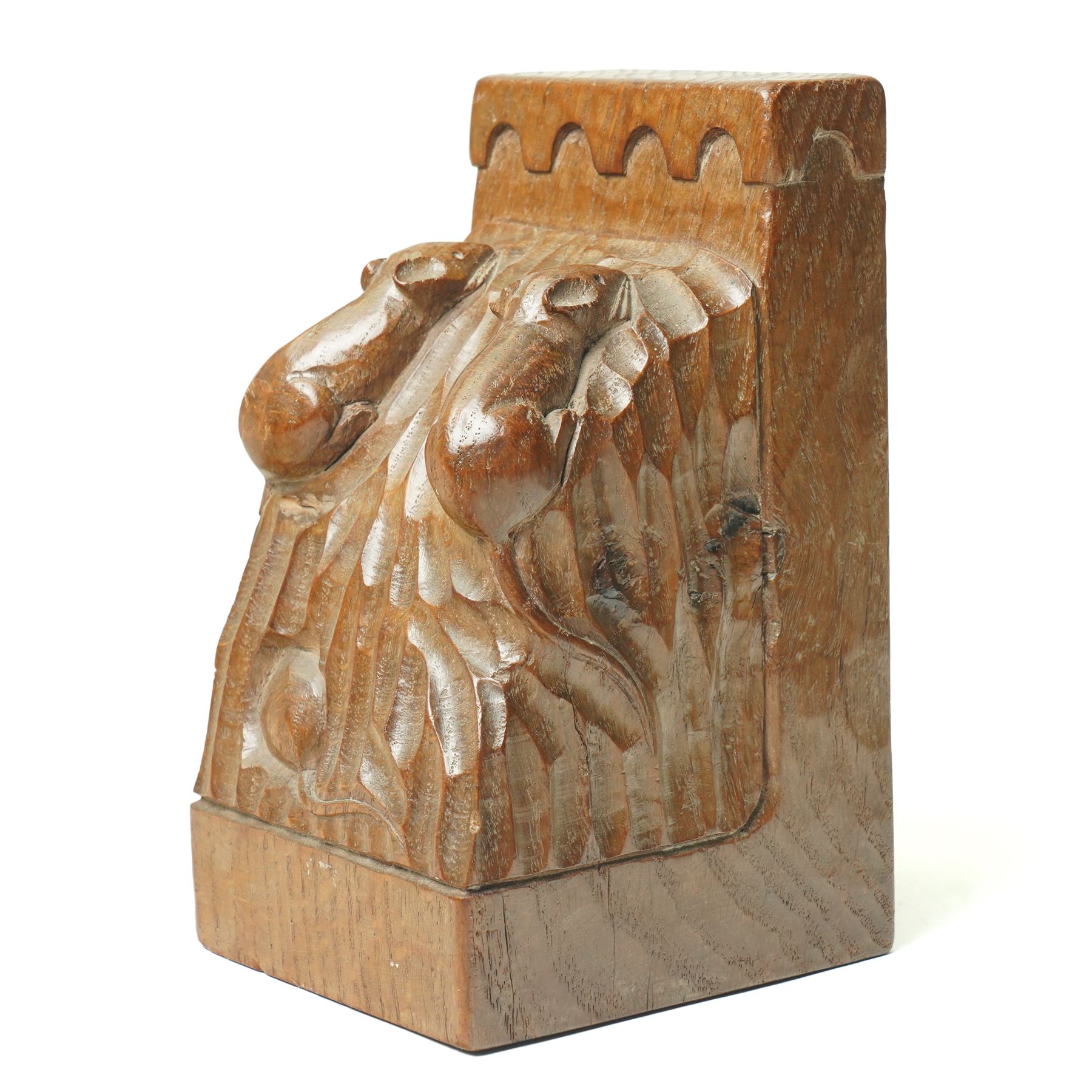 Mouseman - pair of oak triple mouse bookends, each carved and tooled with three mice, by the workshop of Robert Thompson of Kilburn H16cm