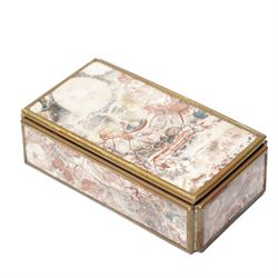 Vintage brass bound stone trinket box, with pink, grey and deep red banding, possibly rhod...