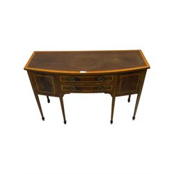 Georgian design mahogany and satinwood banded bow-front sideboard, fitted with two drawers and flanking cupboards, on square tapering supports with spade feet 