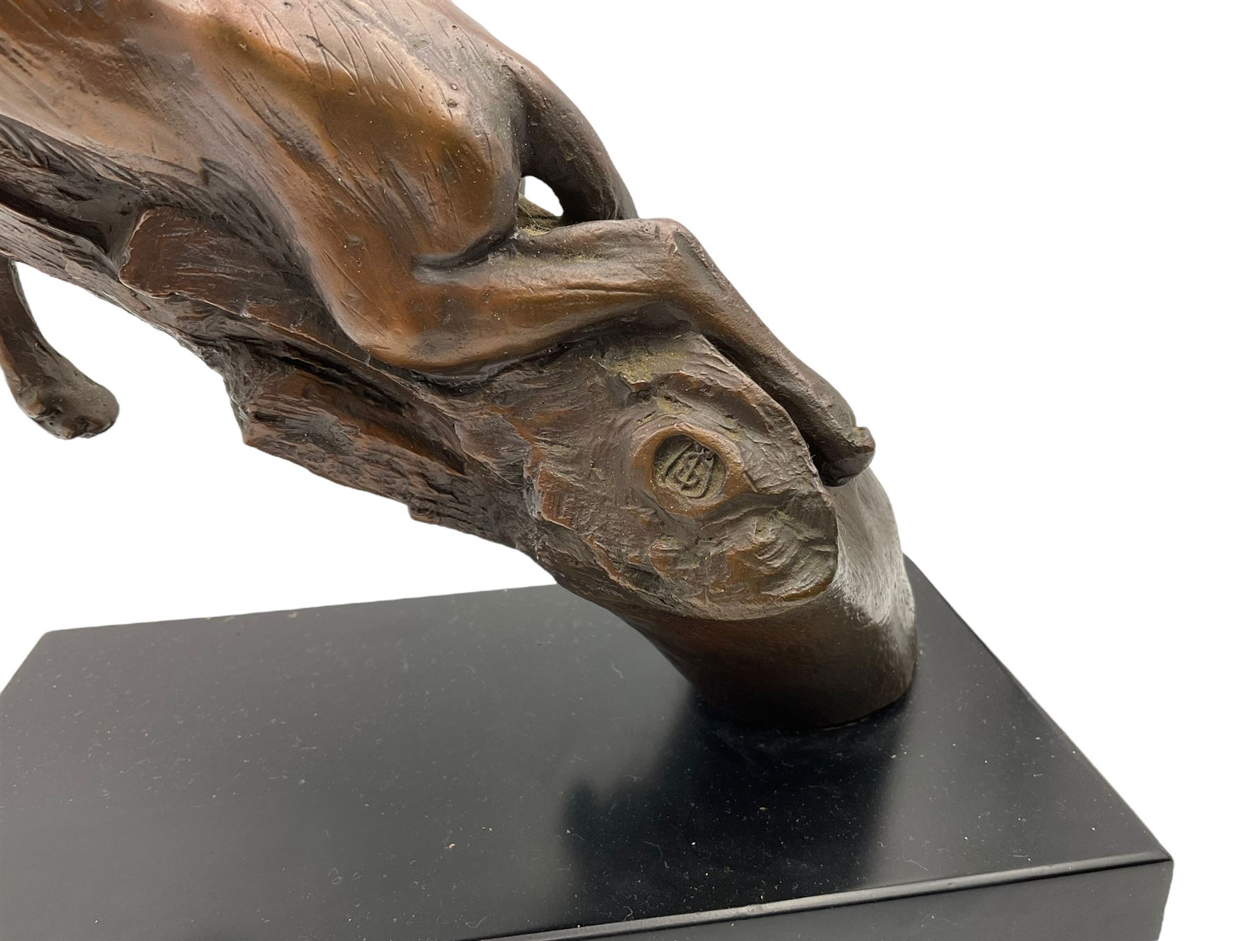 Bronze modelled as a cougar on a branch upon a rectangular wooden plinth, H24cm