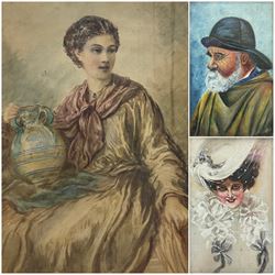 English School (19th century): Classical Maiden Holding Urn, watercolour unsigned 30cm x 21cm; English School (19th century): Lady in White and Fisherman, pair miniature oils on board indistinctly signed 13cm x 8cm (3)