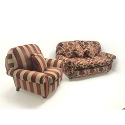 Two seat sofa upholstered in a patterned red and gold fabric, turned supports on castors (W130cm) and an armchair upholstered in a red and gold stripped fabric, turned supports on castors (W102cm)