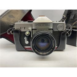 Petri FT 35mm SLR camera with a Petri 1:1.8 55mm lens, Petri Flex camera with a Petri 1:2 55mm Kuribayashi lens, together with cases and quantity of lenses etc