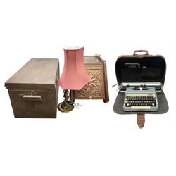 Imperial typewriter in brown leather carrying case, together with fall front coal box, brass carrying handles, together with a brass figural table lamp modelled as man with a walking stick and lampshade 