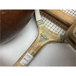 Quantity of early 20th century and later tennis rackets, to include Artus Majesty, Dunlop Alpha, Atlas Silver Shield and Raleigh Konni, together with a stitched rugby ball