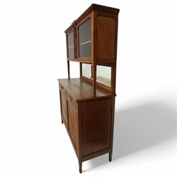 Early 20th century French mahogany dresser, raised display cabinets over bevelled mirror back, moulded rectangular top over two drawers and panelled cupboards, inlaid with figured panels, on square tapering supports with spade feet
