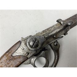 Mid-19th century military Model 1841 Bavarian Lindner style breech loading percussion pistol dated 1842, approximately 16mm cal., 21.5cm rifled octagonal barrel with fixed front and rear sights, unusual under action percussion hammer, profuse ordnance marks and repeated serial number B-249; two stamps to wooden stock L47cm overall