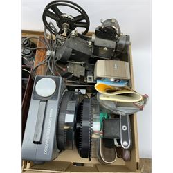 Various vintage cameras, projectors and other similar items including 'Kodatoy' universal model projector, 'AGFA Isolette II' camera, 'G.B. - Bell & Howell' 624 8mm, Chinon 7x50 field 7.1 vintage binoculars etc, in two boxes, all untested 