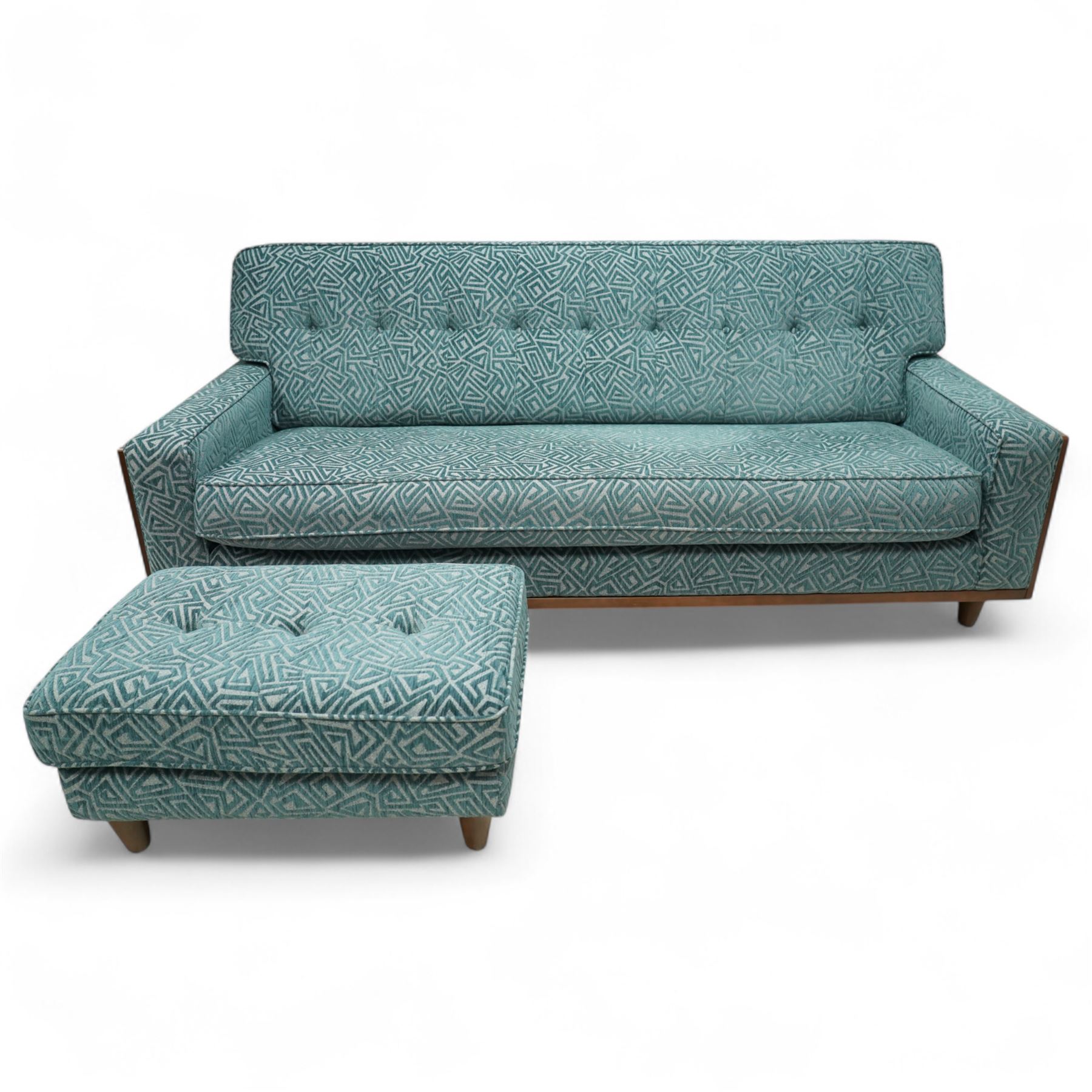 G-Plan Vintage - Contemporary unused Agatha 3 seater sofa, upholstered in G insignia fabric cushion seat and back cushion, rectangular side frame and matching fabric footstool, and additional unused seat cushion