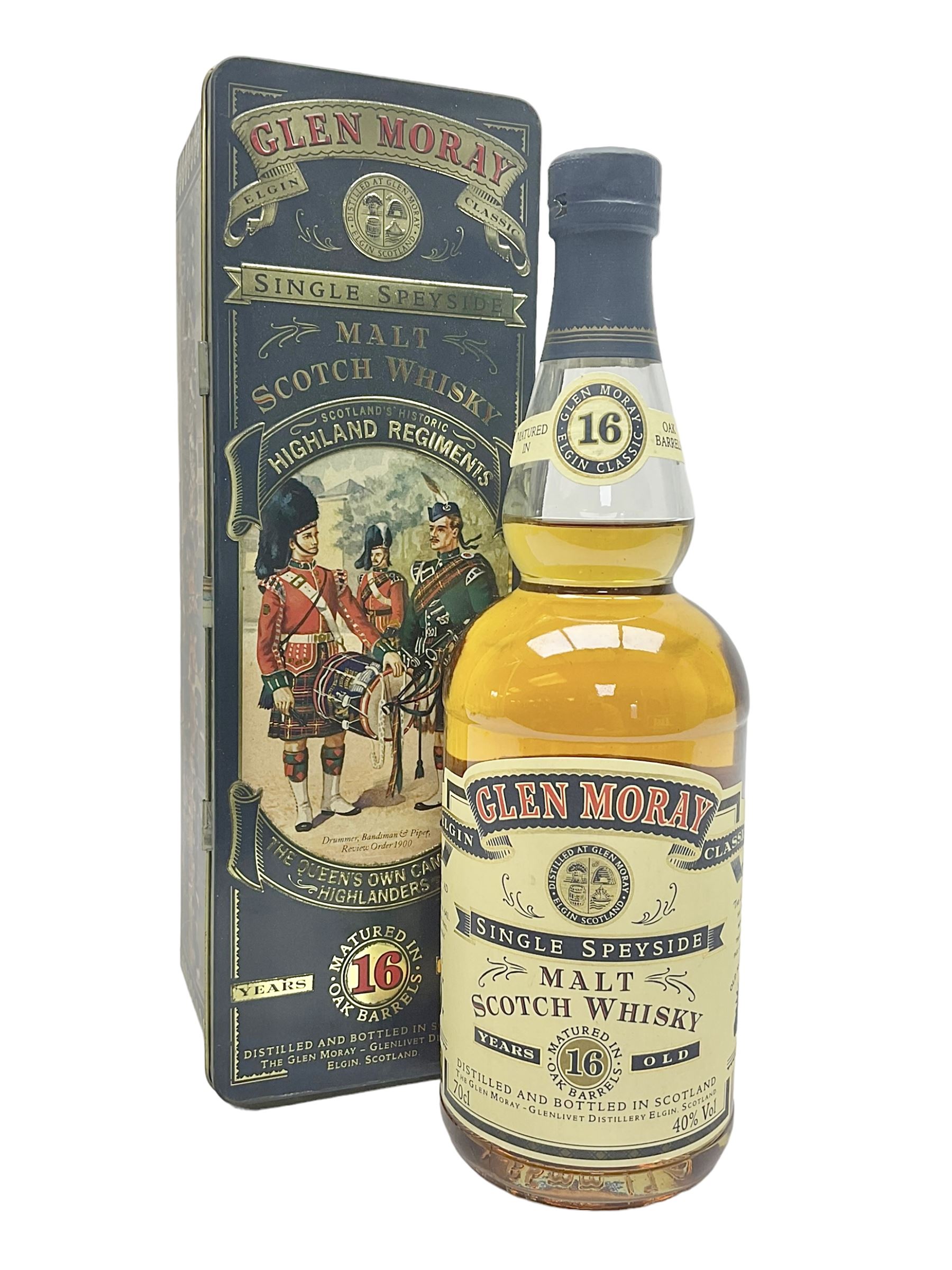 Glen Moray 16 year old Single Highland Malt Scotch Whisky, 70cl 43%, in original Highland Regiments presentation tin 