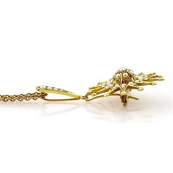 Edwardian 15ct gold seed pearl pendant/brooch, on 9ct gold chain necklace