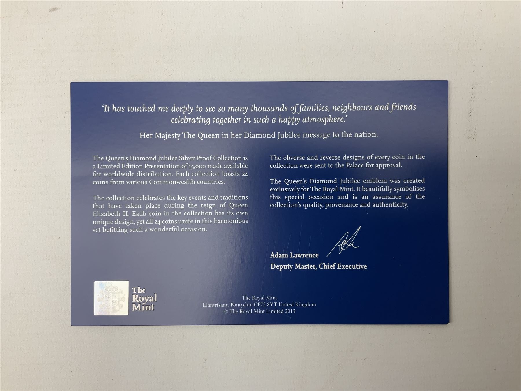 The Queen's Diamond Jubilee silver proof coin collection, consisting of twenty-four coins from Commonwealth countries, produced by The Royal Mint, housed in a blue presentation case, with certificate stating this is number 1397 of 15000 produced