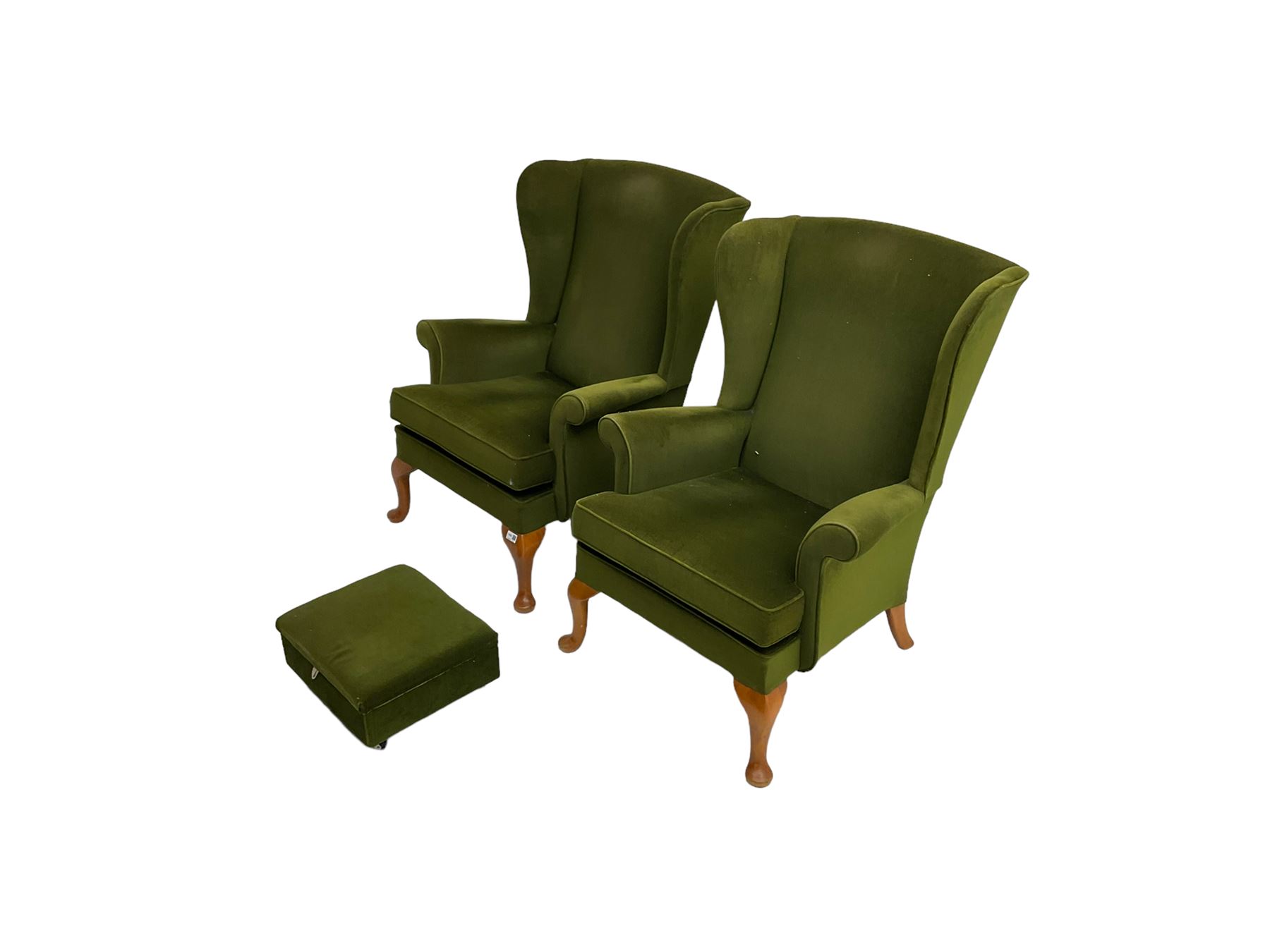Parker Knoll - pair  vintage 'Penhurst' wingback armchairs, upholstered in olive green fabric on cabriole front supports