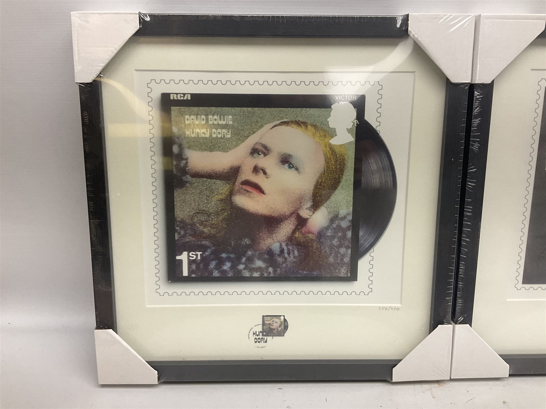 Set of three Royal Mail David Bowie limited edition album stamp prints, comprising  Ziggy Stardust Tour, Hunky Dory and Earthling, all framed and in original packaging, H43cm W43cm