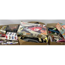 Toys including boxed and loose diecast model vehicles, Scalextric track, various model railway items etc, in three boxes