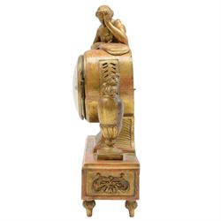 John Michael Hofer in Wien - Austrian 19th century 8-day mantle clock with calendar c1820, carved wooden case with a red fontenay base and a gilt paint finish, rectangular plinth raised on turned feet with recessed carving to the front, classical urn and figure of a maiden resting over the drum movement, enamel dial with Arabic numerals for the hours, quarter minutes and calendar date, with finely pierced gilt hands and a contrasting steel centre sweep calendar hand, twin train movement with a silk suspension and rack striking, sounding the hours on a bell. With pendulum.