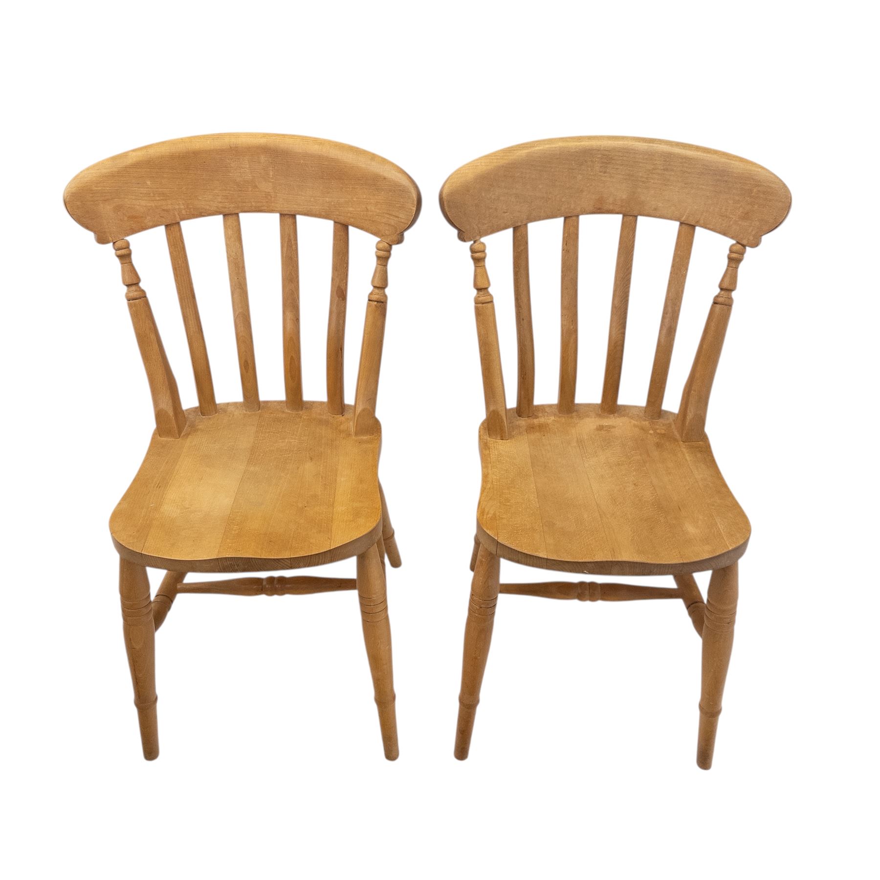 20th-century stripped pine dining table with four beech farmhouse kitchen chairs came, rectangular top with moulded edge and rounded corners, raised on four turned legs, chairs with curved back and turned supports with solid shaped seat raised on turned legs united by stretchers, W37xD39xH84cm