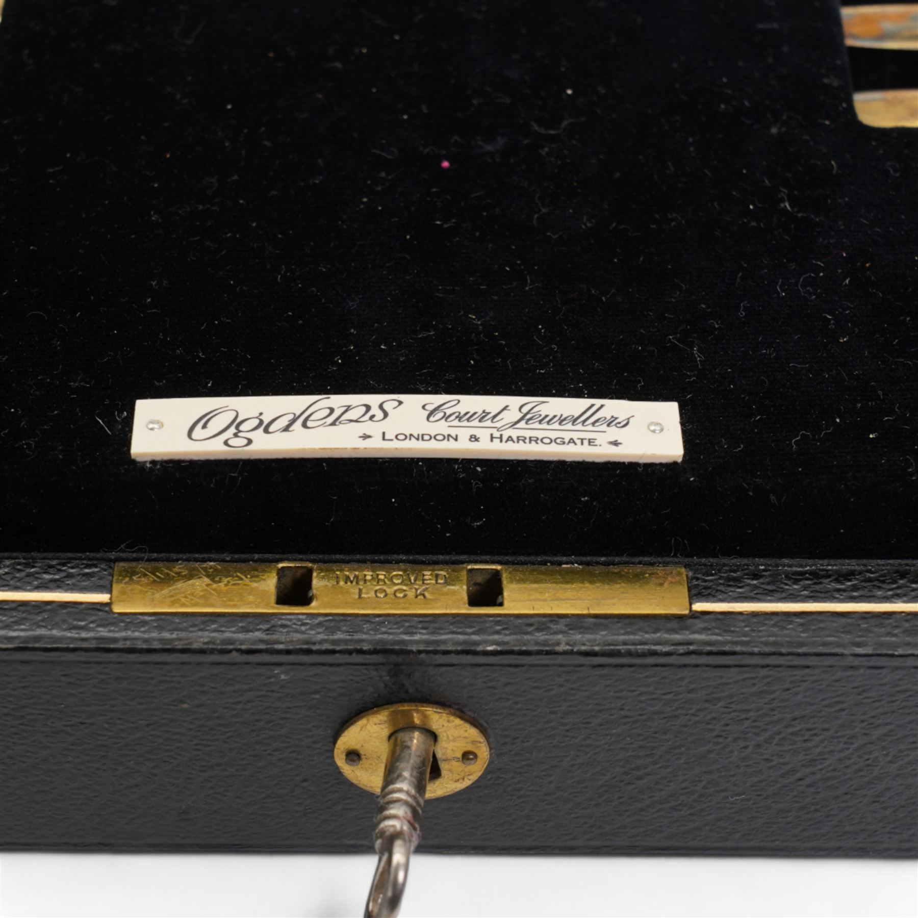 George V silver fruit service by William Hutton & Sons Ltd, comprising six mother of pearl plates, each mounted with three silver ball feet, together with six mother of pearl and silver fruit knives and forks, hallmarked Sheffield, 1911, 1917 and 1924, displayed in a silk and velvet fitted box, retailed by James R Ogdens & Sons, Harrogate, with original receipt label, shell W26cm, case W60cm 

Provenance: Nidd Hall: acquired by Guy Reed from Richard Butler, 17th Viscount Mountgarret, in 1968.