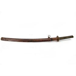 Japanese Army Officers Gunto Sword,  with 64cm steel single edged blade, bronze tsuba and wrapped fish skin grip, in leather scabbard overall L87cm