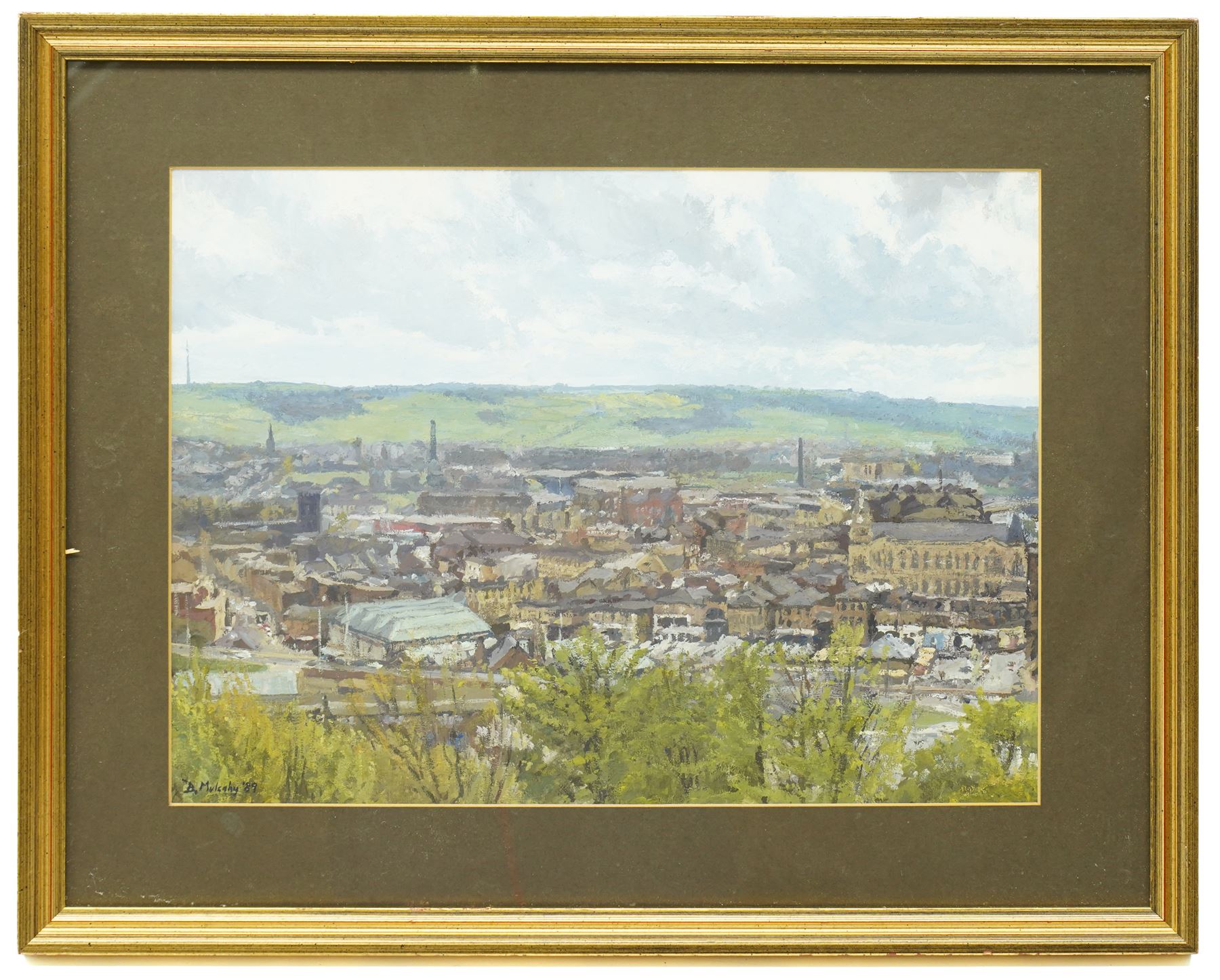 Bruce Mulcahy (West Yorkshire 1955-): 'Dewsbury from Caulms Wood', gouache signed, titled on artist's address label verso 29cm x 40cm