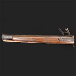 Blunderbuss flintlock long pistol, with 42.5cm flared steel barrel, with later ram rod beneath barrel, overall L83cm