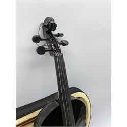 Modern black lacquered violin with 35.5cm back, 59cm overall, in carrying case with two bows