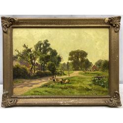 Arthur William Redgate (British 1856-1931): Country Lane with Hens and Cattle, oil on panel signed 24cm x 35cm 
Provenance: with Herbert Evans, Johannesburg, South Africa, label verso