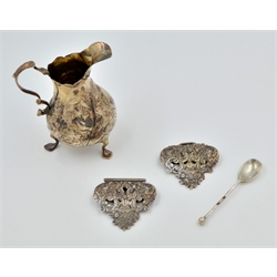  Cast silver belt buckle by Robert Pringle Chester 1900,George III silver cream jug and a mustard spoon approx 4.1oz  