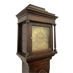 Benjamin Rodgers of Chesterfield- Fine provincial early18th-century 30-hour oak longcase clock       
 c1720, with a stepped caddy top and square hood door beneath, with detached pilasters with wooden capitals, case with reeded corners and a ogee toped long trunk door, with a square pediment and decorative applied skirting, brass dial with restoration spandrels, matted centre, original steel hands and chapter with Roman numerals, quarter hour and minute tracks, dial pinned to a countwheel striking movement, striking the hours on a bell.
 With weight and pendulum.  