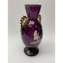 19th century Mary Gregory style amethyst glass vase, of ovoid form with twin amethyst and amber glass flying handles, decorated in white enamel with classical figural scene, H24cm