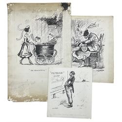 William O Norris (British 19th Century) - Large folio of humorous pen and ink illustrations for Crittall Magazine and other original works to include various advertisement drafts for Eastern National and Marconis Wireless Telegraph Company, mostly dated '25, and a photograph of the artist at work max 36cm x 46cm 