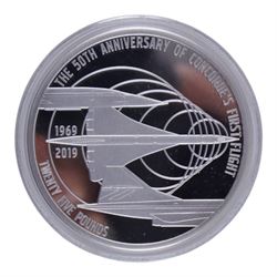Queen Elizabeth II Alderney 2019 '50th Anniversary of Concorde' five ounce silver proof twenty five pound coin, and Queen Elizabeth II Alderney 2019 '50th Anniversary of Concorde' five pound coin collection, both cased with certificates
