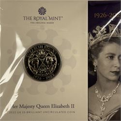 Nineteen The Royal Mint United Kingdom uncirculated commemorative coins or sets, including Queen Elizabeth II 1989 '1689 1989' two pounds, 2001 'Victorian Anniversary' crown, 2003 'Coronation Jubilee' five pounds, 2004 'Britain's new coinage' three coin set, 2005 'The End of WWII' two pound, 2006 'Her Majesty Queen Elizabeth II Eightieth Birthday', 2015 'The Royal Navy' two pounds, 2016 'The Last Round Pound', 2022 '1926-2022' five pounds, King Charles III 2023 'The Coronation' five pounds etc