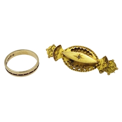  Victorian diamond set bar brooch 1900 and a 9ct gold band concave brick decoration hallmarked  
