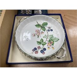 Old Tupton Ware floral decorated mantle clock, Wade Festival jug, Winsor tea wares and other ceramics, together with a collection of silver plate including blue glass lined salts, cutlery sets etc, two boxes 